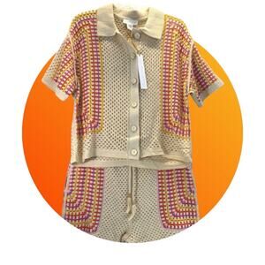 House of Harlow 1960 Crochet Button Up Shirt & Shorts Set Tan Multi Color M